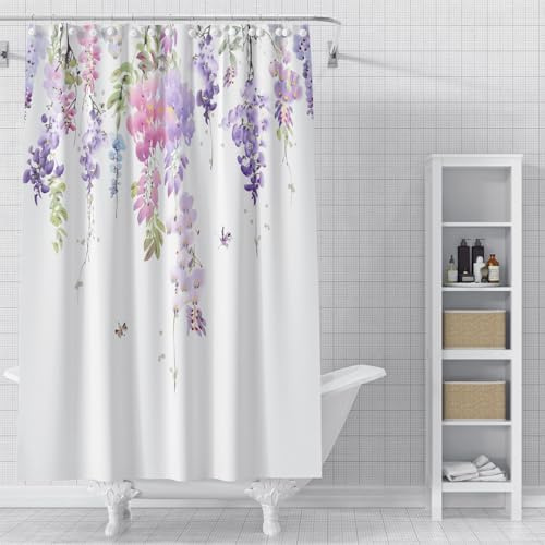 FAIRYGATE Vorhang Weiss Duschvorhang Abstrakt Blätter Vorhang Dusche Polyester Duschvorhang Blätter Design Mordener Badewanne Bathtub Curtain Bunt Antischimmel Waschbar 180X180CM mit Haken B9420