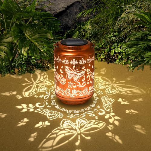 Faroles solares de mariposa para colgar al aire libre, farol de decoración de metal, linterna LED impermeable decorativa para jardín, patio, césped, patio, patio, patio, regalo de mariposa para mamá,