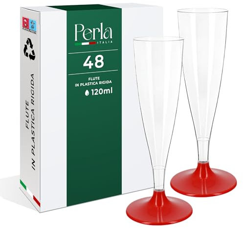 Perla - 48 Flute Plastica - Calici Plastica Rigida 120ml - Bicchieri da Champagne Trasparenti - Calice Lavabile e Riutilizzabile per Feste Matrimoni e Compleanni (Gambo Rosso)