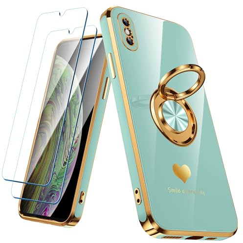 Nonional Compatible for iPhone X/XS Case with 2 Pack Screen Protector, 360° Rotatable Ring Holder [Luxury Hearts Pattern] Plating Gold Edge Slim Soft Phone Case for iPhone X/XS - Mint