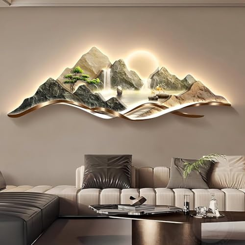 KEJIAWU 3D Wanddeko, Moderne Wandkunst, Wandskulpturen-Kunst mit LED, Chinesische Kreative Landschaftsbildwand for Zuhause, Wohnzimmer, Arbeitszimmer, Schlafzimmer-Dekor(Brown,59 * 19.7in)