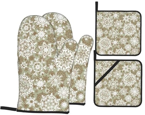 Ofenhandschuhe und Topflappen-Set, Weihnachtsschneeflocke, hitzebeständig, Küchen-Backhandschuhe, rutschfeste Oberfläche zum Kochen, Backen, Grillen, Grillen