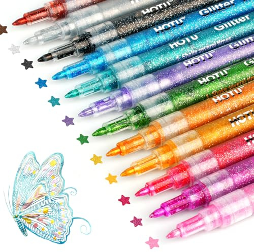 HOTU 12 Glitzerstifte, Glitzer Filzstifte Zeichenset, Glitzerstifte 0.7mm - Wasserbasis Acryl Glitzer Stifte für Mädchen Basteln von Steinen, Keramik, Glas, Holz, Stoff, DIY Projekte Ect