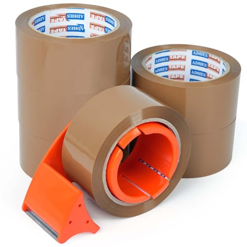 ADHES - Cinta de embalaje marrón con dispensador, 1.88 pulgadas x 55 yardas, 6 rollos de cinta de envío resistente para cajas de mudanza, embalaje y almacenamiento, adhesivo fuerte