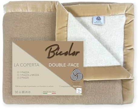 Tex family Manta de lana bicolor – Suave y cálida – Suave y cálida – Beige claro/oscuro – Cama individual 1 plaza – 150 x 210 cm