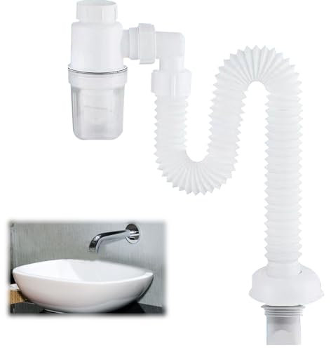 LANZLC Siphon 1 1/4 Inch Space-Saving Siphon, Flexible Drain Hose, Adjustable Siphon Sink, Odour-Proof Flexible Siphon, Interchangeable Waste Water Pipe, Drain Pipe with Odour Trap, White