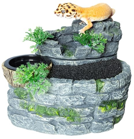 SUKEOPET 500ML Reptile Waterfall Fountain, Reptile Water Drinking Fountain for Bearded Dragons, Geckos & Lizards – Terrarium Waterfall with Feeding Bowl, Flowing Water, Natural Resin