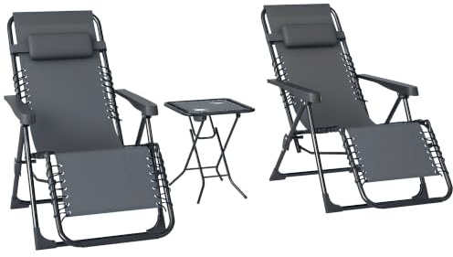 Outsunny Lot de 2 Chaise Longue Jardin Gravité Zéro Table d'Appoint Gris | Ensemble Transat 3 Pièces, Porte-Gobelets, Bain de Soleil Pliable, Dossier Réglable, Appui-Tête, Terrasse Piscine