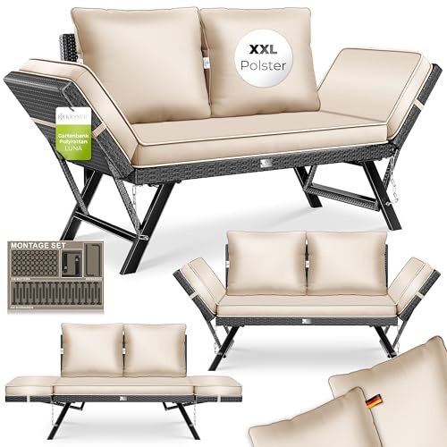KESSER® Luna Banc de jardin en polyrotin avec fonction allongée, 4 en 1, résistant aux intempéries, canapé de balcon, canapé réglable, accoudoirs réglables, rembourrage extra épais