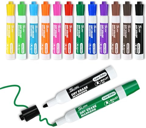 SUIN 12 Stylos pour Tableau Blanc Vivement Colorés, Marqueurs Effaçables à Sec Assortis avec Pointe Conique Moyenne, Marqueurs pour Tableau Blanc à Encre à Faible Odeur pour Sessions Créatives au