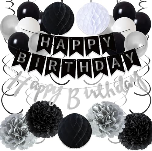 Geburtstag Deko Girlande Ballons Set, Schwarz Silber Papier Pompons | Papier Geburtstagsdekorationen, geeignet für Mann- und Fraugeburtstage, für den Innen- und Außenbereich