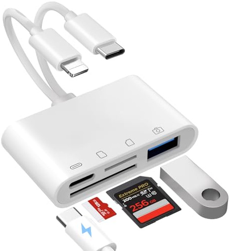 6-In-1 SD Kartenleser für iPhone und Android – Lightning/USB-C SD/TF Speicherkartenleser mit USB OTG Anschluss, Kamera SD Kartenleser USB C für iPhone, iPad, Android usw (SD+TF+USB+Charging)