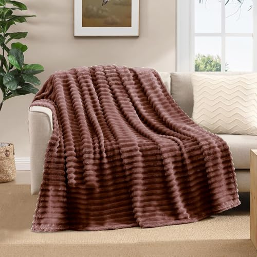ZZZMRH Luxury Throw Blanket - Cosy Warm Throws for Sofas, Light Weight Rib Design Fluffy Fleece Blanket - Soft Throws For Sofa Large Bed Couch, Bedding - King Size 200x240cm - Brown