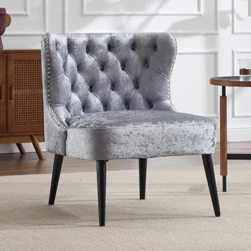 chairus Ohrensessel Samt Sessel Wohnzimmer Relaxsessel mit Holzbeinen Loungesessel Schlafzimmer Arbeitszimmer, Grau