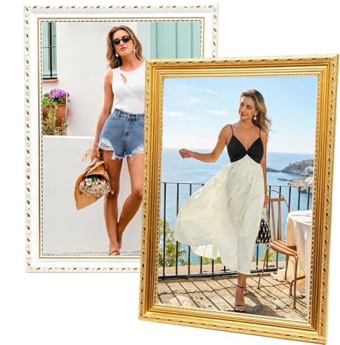2 Stück Vintage Bilderrahmen A4 Weiß Gold,21×29.7CM Photo,Bilderrahmen | Antik Barock Fotorahmen Dekorativ Foto Rahmen Elegant, Aufstellen Aufhängen, Picture Frame für Schlafzimmer Wohnzimmer Büro