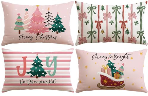 JOTOM 4er Set Weihnachten Kissenbezüge, Dekorative Wurf Kissenbezug Moderne Kissenhüllen Sofakissen Dekokissen Zierkissenbezug für Wohnzimmer Garten (30x50cm, Weihnachtsbaum | Rosa)