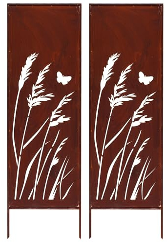 2x Sichtschutz Metall 160 cm x 50 cm – Edelrost Rostoptik für Garten – Elegante Sichtschutzwand aus Cortenstahl – Wetterfester Gartenschutz Zaun – Natürliche Rostpatina mit Schmetterling & Gras