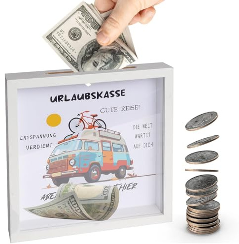 Urlaubskasse Reisekasse Bilderrahmen Geldgeschenk aus Holz Wunscherfüller Spardose Urlaub Reisekasse Geschenk Urlaubskasse Spardose für Frauen Männer Weltenbummler und Reiseliebhaber
