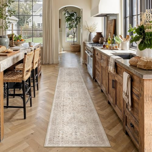 PureCozy Waschbarer LäUfer Flur Beige Vintage Teppich 60x240cm | Weich Kurzflor Carpet, Rutschfest, Küche, Bettvorleger,Eingangsbereich, Schlafzimmer, Esszimmer