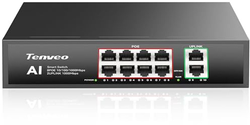 Tenveo 8 Port Full Gigabit PoE Switch, 8 PoE+ Ports @120W, 2*Uplink Port, Plug & Play, Support VLAN, Metal Case, High Stability, Easy Smart Managed Ethernet Switch, Ideal for Various Live Streaming