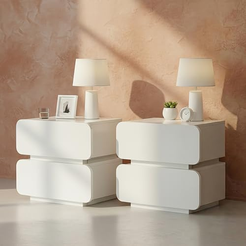 CLIPOP Set of 2 Bedside Table with 2 Drawers, White Round Corner Front Nightstand Cabinet Unique Design Curved Drawer Front Side End Tables for Bedroom Living Room (2PCs)