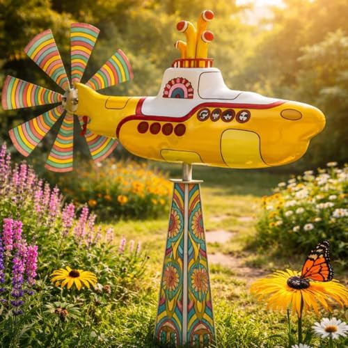 Yellow Submarine Wind Spinner, Submarine Wind Spinner Outdoor Garden Decor, Heavy Duty Metal Kinetic Windmill with Spin Blades, UV-Resistant Yard Spinner for Patio Porch Home Gardens
