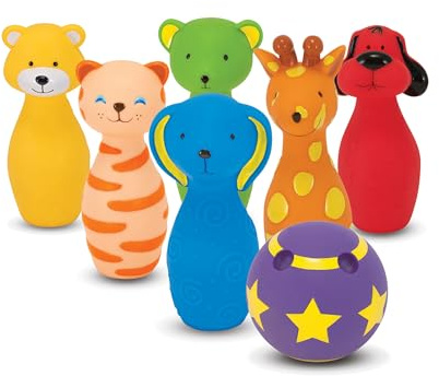 Melissa & Doug K's Kids Bowling Friends Play Set and Game with 6 Pins and Convenient Carrying Case - Indoor Outdoor Bowling Set, Soft Plastic Animal Bowling Pins, Toddler Bowling for Ages 2+