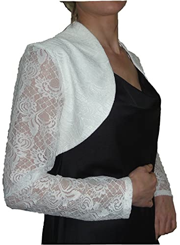 Fantasy Coprispalle Elegante Corto Cerimonia Pizzo e Raso Cardigan Matrimonio Battesimo Donna Ragazza (Bianco)