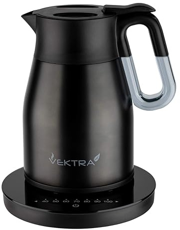 Vektra VEK-1504 Vakuumisolierter Wasserkocher mit Temperatureinstellung 1,5 L Edelstahl Doppelwandig EU-Stecker, Thermoskanne 2in1 mit Druckknopf BPA-Frei - Metallisch-Schwarz
