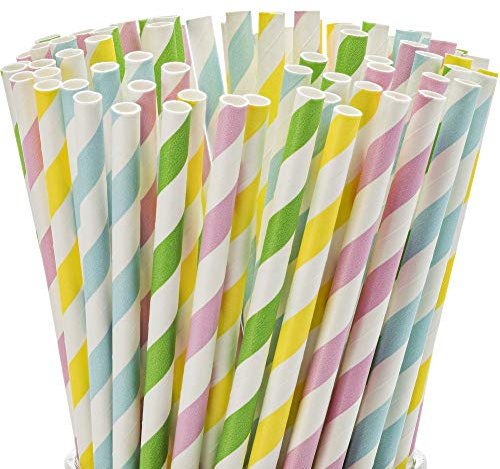 Paper Straws Biodegradable 200 Pack Striped Multi Colored BPA-Free Disposable 8.25 Long Non-Flexible Straw for Everyday/Birthday Party/Easter/Baby Shower/Wedding - By DuraHome