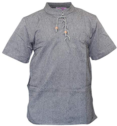 SHOPOHOLIC FASHION Herr hampa bomull morfar kortärmad skjorta, boho snörning hals med träpärlor, vardaglig sommar strand och festival topp, Mörkgrått, 3XL