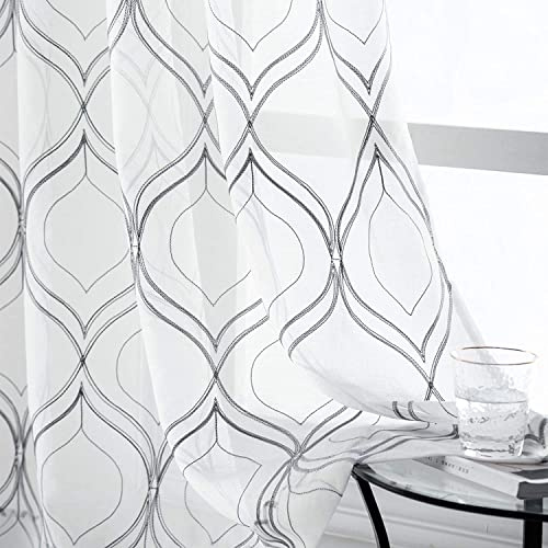 VISIONTEX White Sheer Curtains 95 Inches Long 2 Panels Set Grey Moroccan Embroidered Curtains Trellis French Textured Rod Pocket Voile Tulle Semi Window Drapes for Bedroom Living Room 54 x 95 Inches