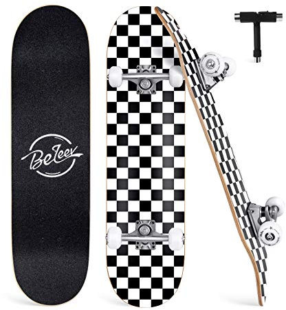 BELEEV Skateboard 31x8 Zoll Komplette Cruiser Skateboard für Kinder Jugendliche Erwachsene, 7-Lagiger Kanadischer Ahorn Double Kick Deck Concave mit All-in-one Skate T-Tool für Anfänger