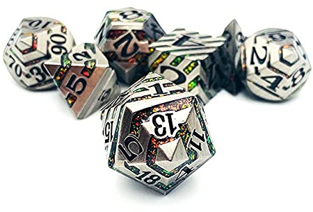 World of Dice Starfall-Serie - Pen and Paper Würfelset Metall, 7-teiliges Set, D4 bis D20, polyedrische Würfel, ideal für D&D, DSA, Cthulhu und mehr (ohne Etui, Silber)