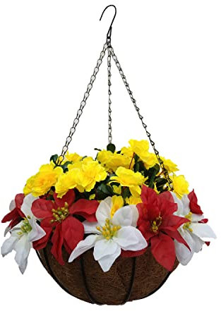 Home And Courtyard Pretty Silk Artificial Yellow Azaleas And Artificial White Red Christmas Flower Poinsettia DIY Chain Hanging Basket Christmas Decoration (Medium Basket)