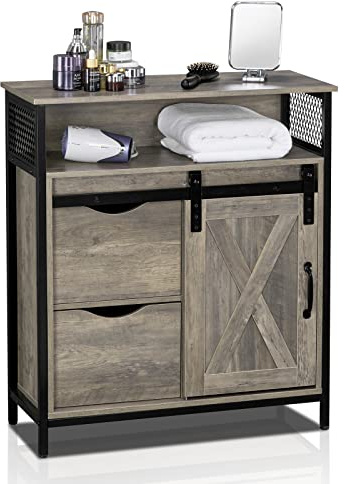 VINGLI Farmhouse Bathroom Floor Storage Cabinet, Rustic Freestanding Cabinet Organizer w/Sliding Barn Door, 2 Large Drawers and Adjustable Shelves (Wash Grey)