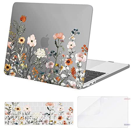 MOSISO Kompatibel mit MacBook Pro 13 Zoll Hülle M2 M1 2026 2025 2024-2016 A2338 A2289 A2251 A2159 A1989 A1706 A1708, Kunststoff Garten Blumen Hartschale&Tastaturschutz&Displayschutzfolie, Grau