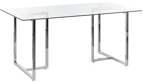 Beliani Mesa de Comedor Tablero Vidrio Templado Patas de Metal Plateado 160 x 90 cm 6 Personas Moderno Envia