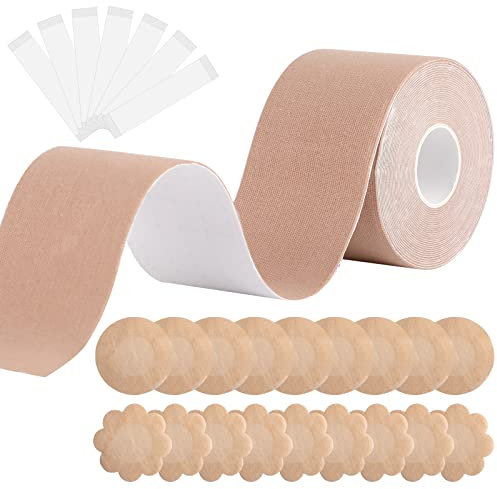 Boob Tape, 5M Roll Bob Tape For Large Breasts, Breathable Booby Tape Breast Lift Tape with 20 Pcs Self-Adhesive Nipple Covers and 20 Pcs Invisible Double Sided Body Tapes