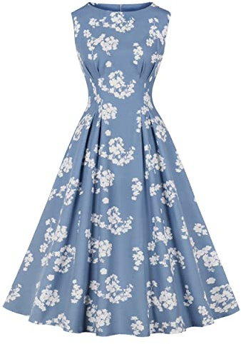 Wellwits Women's Pleated Details High Waist Polka Dots Tea Length Vintage Dress