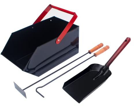 BAUSTER® Kaminbesteck Set Mit Schürhaken, Aschekratzer, Kehrschaufel und Kohlenkasten/Aschebehälter Kamingarnitur Werkzeug Besteck Holzgriff Kaminofen Schwarz Kaminzubehör Stocheisen