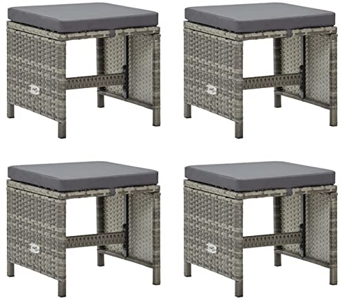 Tidyard 4X Gartenhocker mit Sitzkissen Sitzhocker Fußhocker Fußstütze Fußbank Ottomane Fußablage Terrassen-Polsterhocker Gartenmöbel Hocker 40,5 x 40,5 x 35 cm (B x T x H) Poly Rattan Grau