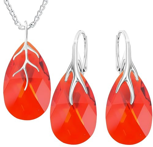 MŚ 1997 MENNICA ŚWIDNICKA Almond Ohrringe Silber 925 mit Halskette Damen Set - Hochwertige Zirkone - Schmuck Kette damen - Ohrringe Set mit Halskette Ideal Geschenkidee (Light Siam)