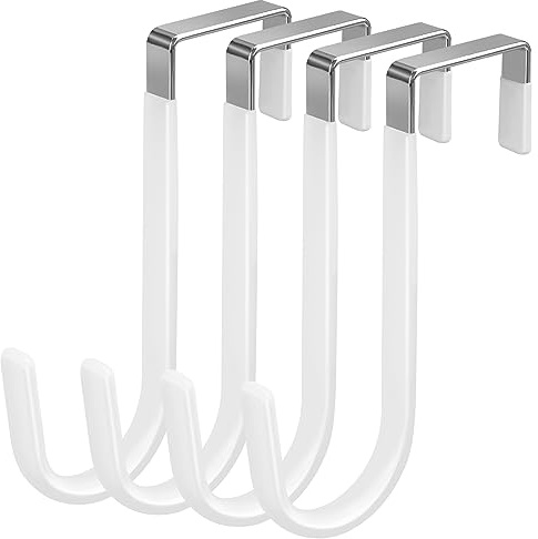 DkOvn 4 Pack Over The Door Hooks, White Rubber Surface Prevent Scratche Door Hanger Hooks for Bathroom, Living Room, Kitchen, Hanging Clothes, Towels, Bags(4 Pack White)