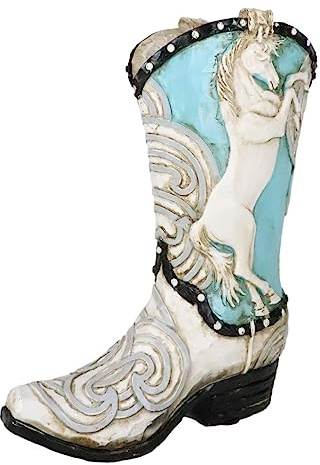 Ebros Gift Rustic Western Colorful Faux Tooled Leather Aqua Blue and White Prancing Horse Cowboy Cowgirl Boot Decorative Figurine Or Floral Vase Planter Table Shelf Countertop Accent
