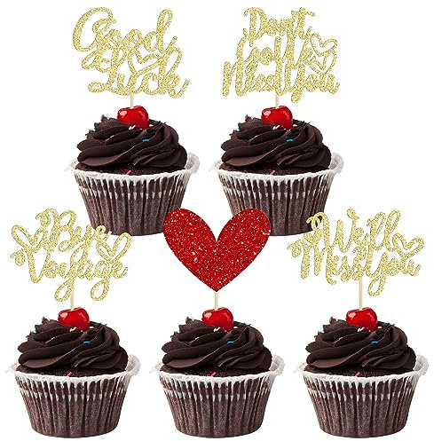 30Pcs We Will Miss You Cupcake Toppers Glitter Heart Bye Voyage Good Luck Cupcake Picks Don't Go We Need You Cake Decorations for Going Away Farewell Retirement Theme Party Supplies Gold