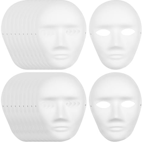 LYCN 30 Pack DIY White Paper Mask, Full Face Opera Masks Bulk, Plain Masquerade Mask for Dance Ball Festival Masquerade Halloween Cosplay Party (15pcs Male+15pcs Female)