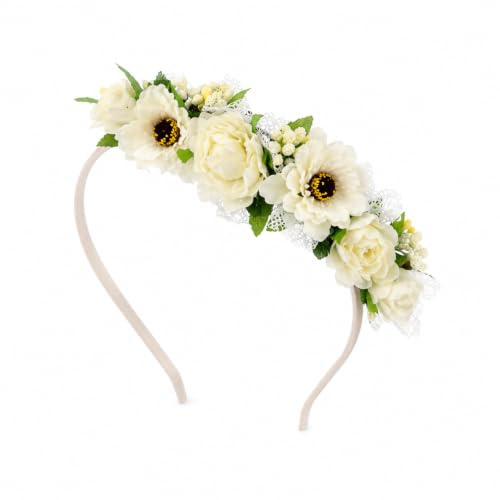 Blumen Haarreif PRINCESS – halbseitiger Haarschmuck mit weißen Blüten & Schleifen – für Hochzeit, Braut, Brautjungfer, Kommunion, Taufe, Standesamt & Sommerfest (PRINCESS weiß)
