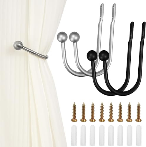4 Stück Vorhang-Metall-Vorhangbinder, Vorhangständer, Vorhangbinder, U-förmige Vorhanghalterungen, Krawatten, Vorhanghaken, Krawatten für Wohnzimmer, Schlafzimmer, Büro (Silber Grau,Schwarz)