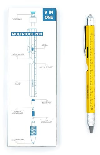 CLICK WRAP LTD Yellow 9 in 1 Multi Tool Pen Gadget for Men, Gift for Him, Dad DIY Tool Kit, Screwdriver, Ruler, Bottle Opener, Level Tool